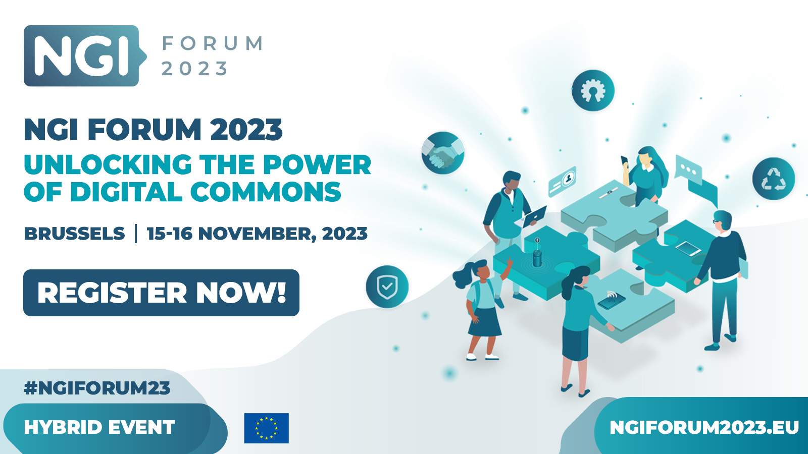 Flyer in blue text announcing the NGI Forum 2023, Brussels 15-16 November, register now, hybrid event